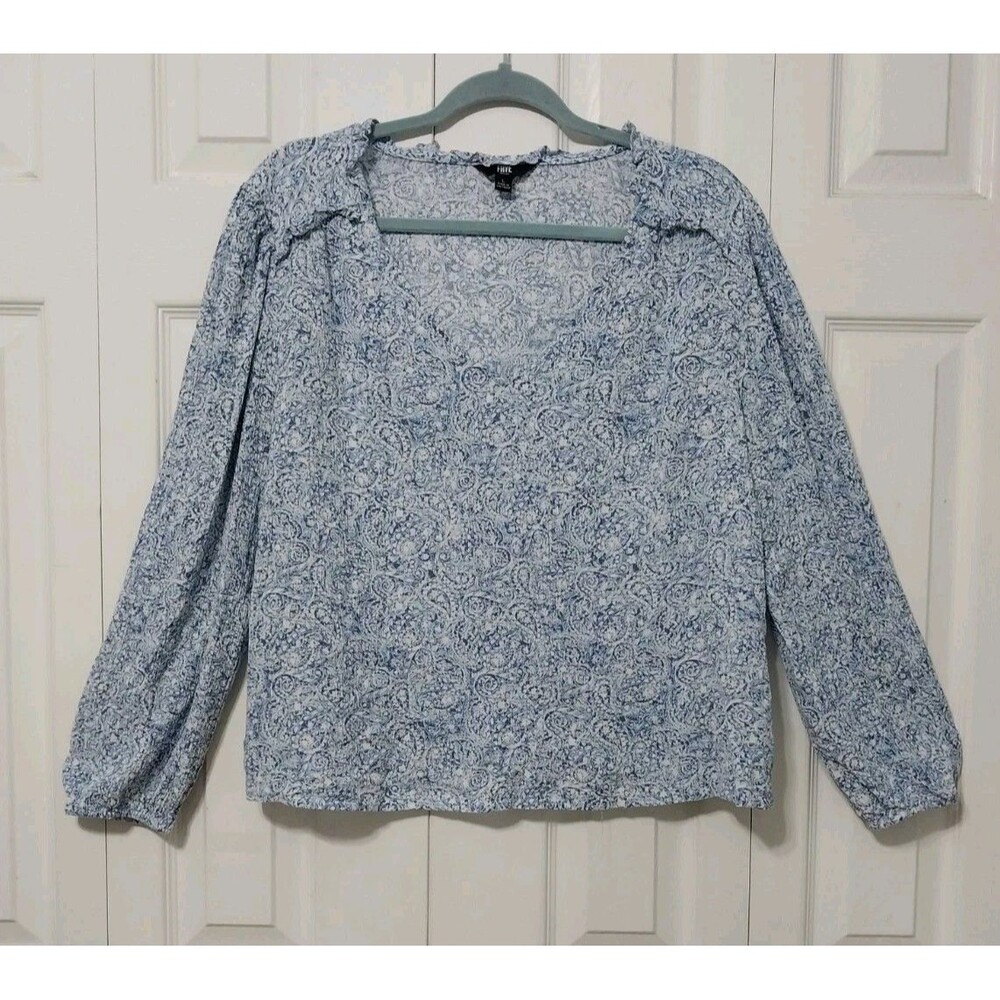 Frye Women's Long Sleeve Boho Peasant Blouse Top Blue Paisley V Neck Sz L